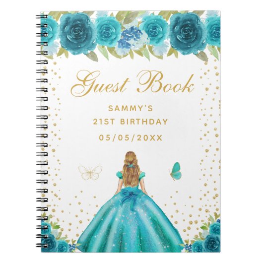 ティール(緑がかった色)フローラブロンデヘアプリンセスゲストブック ノートブック (正面)