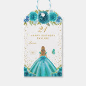 ティール（緑がかった色）フローラブロンドヘアガールハッピーバースデー ギフトタグ (正面)