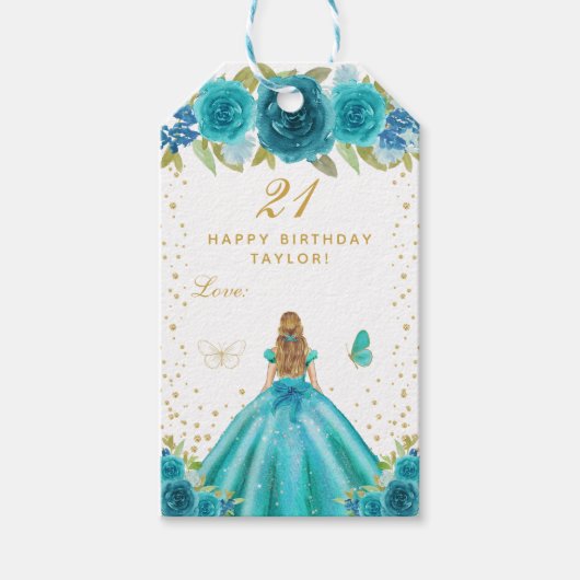 ティール（緑がかった色）フローラブロンドヘアガールハッピーバースデー ギフトタグ (正面)