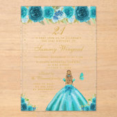 ティール（緑がかった色）フローラブロンドヘアプリンセスバースデーパーティー アクリル招待状 (正面)