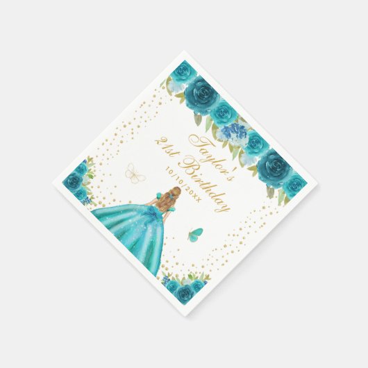 ティール(緑がかった色)フローラブロンドヘアプリンセスバースデーパーティー スタンダードカクテルナプキン (角)