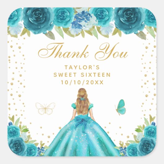 ティール(緑がかった色)フローラブロンドヘアプリンセスSweet sixteen スクエアシール (正面)