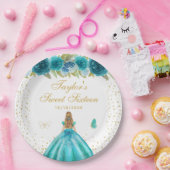 ティール（緑がかった色）フローラブロンドヘアプリンセスSweet sixteen ペーパープレート (パーティー)