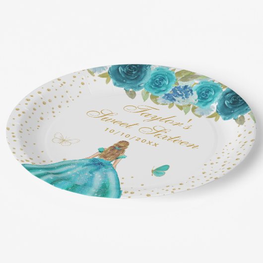 ティール(緑がかった色)フローラブロンドヘアプリンセスSweet sixteen ペーパープレート (アングル)