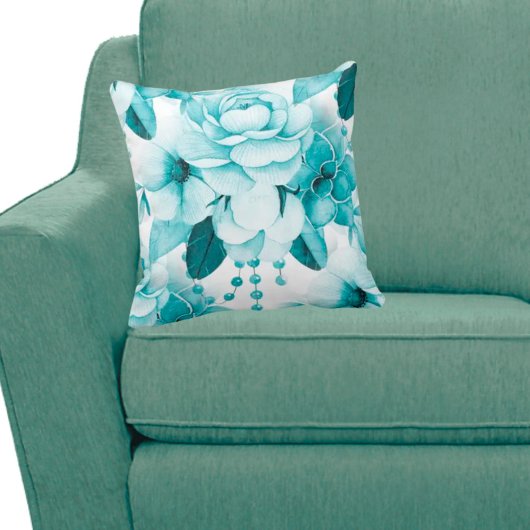 ティール（緑がかった色）フローラブーケ クッション