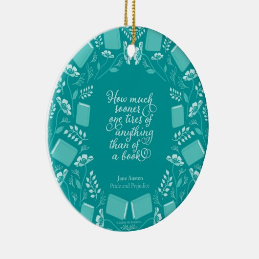 ティール（緑がかった色）フローラプライド&偏見ブックイッシュ引用文 セラミックオーナメント (右)