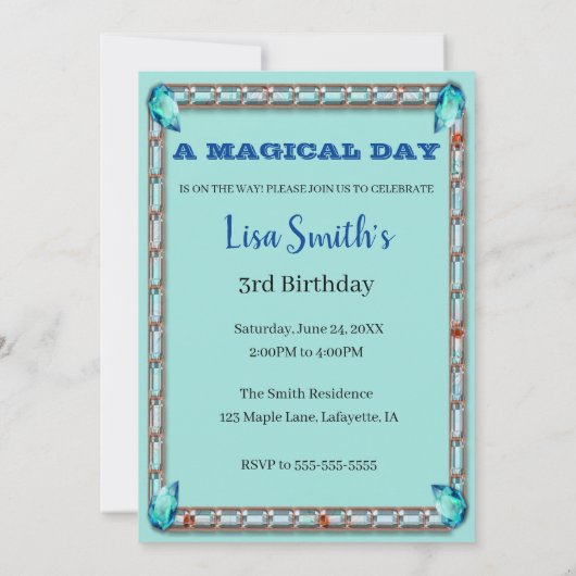 ティール（緑がかった色）フローラユニコーンフォトバースデーパーティー 招待状 (裏面)