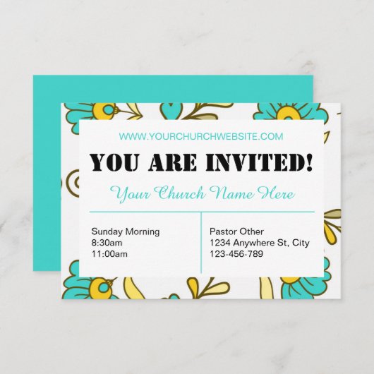 ティール（緑がかった色）フローラ教会招待状カード 招待状 (正面/裏面)