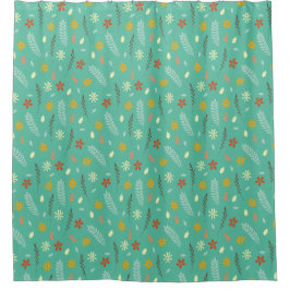 ティール（緑がかった色）フローラ植物模様 シャワーカーテン