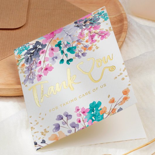 ティール（緑がかった色）フローラ水彩聴診器ナース感謝していyou 箔グリーティングカード