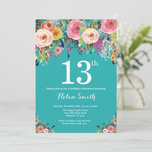 ティール(緑がかった色)フローラ第13誕生日招待状 招待状 (スタンド正面)