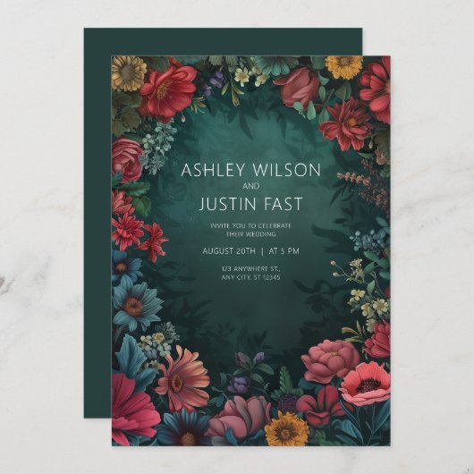 ティール（緑がかった色）フローラ結婚式招待状 招待状 (正面/裏面)