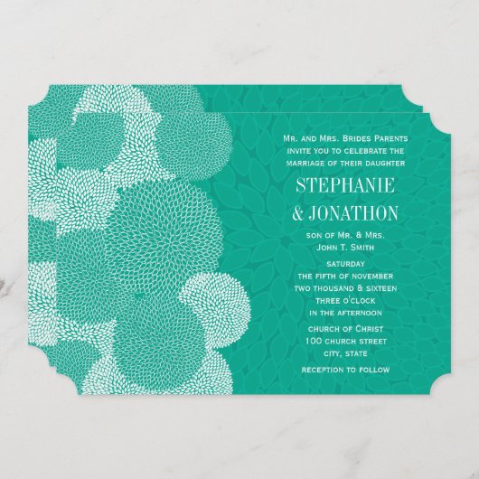ティール（緑がかった色）フローラ菊結婚式招待状 招待状 (正面/裏面)