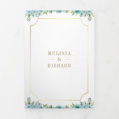 ティール(緑がかった色)フローラ金ゴールドカトリック十字型QRコード結婚ズ 三つ折り招待状 (カバー)