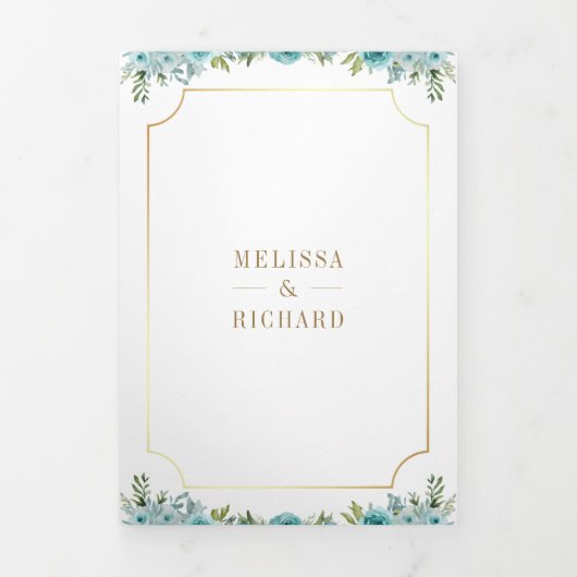 ティール(緑がかった色)フローラ金ゴールドカトリック十字型QRコード結婚ズ 三つ折り招待状 (カバー)