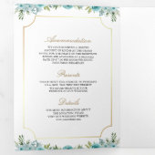 ティール(緑がかった色)フローラ金ゴールドカトリック十字型QRコード結婚ズ 三つ折り招待状 (内部最初)