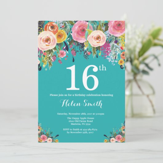 ティール(緑がかった色)フローラ16番目の誕生日招待状 招待状 (スタンド正面)
