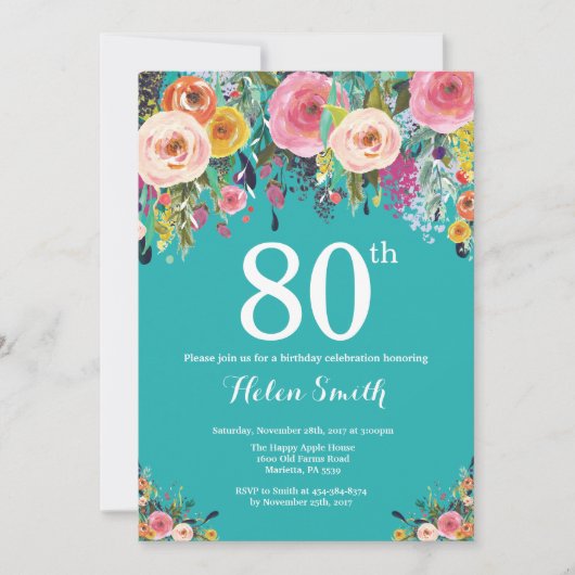 ティール(緑がかった色)フローラ80番目の誕生日招待状 招待状 (正面)
