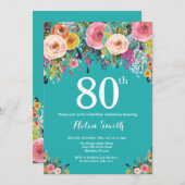 ティール(緑がかった色)フローラ80番目の誕生日招待状 招待状 (正面/裏面)