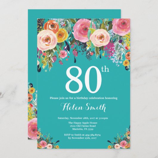 ティール（緑がかった色）フローラ80番目の誕生日招待状 招待状 (正面/裏面)
