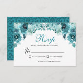 ティール（緑がかった色）フローラRSVPエンクロージャカード 出欠カード (正面/裏面)