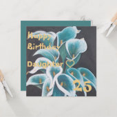 ティール（緑がかった色）フ絵画ラワーズカスタムドーター誕生日 カード (正面/裏面インサイチュ)