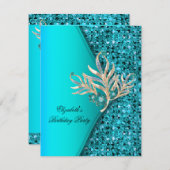 ティール（緑がかった色）ブエレガントルーアクアグリッターバースデーパーティー 招待状 (正面/裏面)