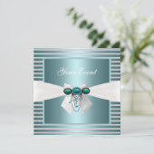 ティール（緑がかった色）ブエレガントルーストライプトホワイトボウジュエル 招待状 (スタンド正面)