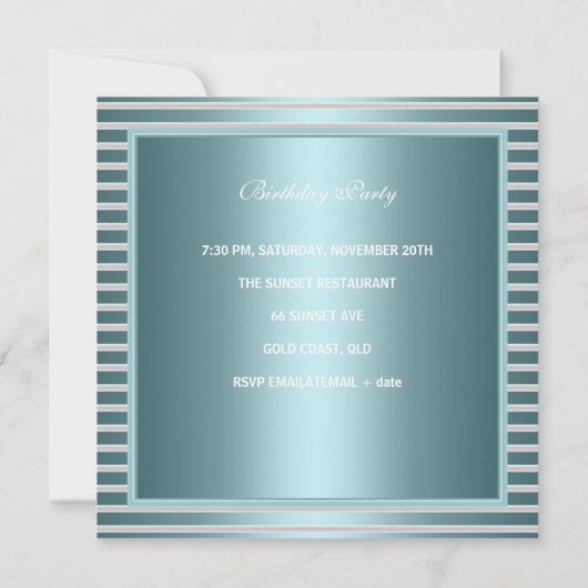 ティール（緑がかった色）ブエレガントルーストライプトホワイトボウジュエル 招待状 (裏面)