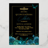 ティール（緑がかった色）ブエレガントルーブラックバタフライキンセアニェラ 箔招待状 (正面)