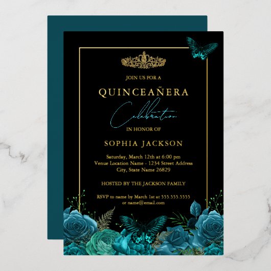 ティール（緑がかった色）ブエレガントルーブラックバタフライキンセアニェラ 箔招待状 (正面/裏面)