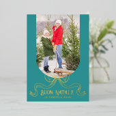 ティール（緑がかった色）ブオンナタレシンプルーモダンコケットボウ写真 箔シーズンカード (立ち正面)