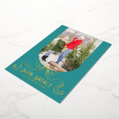 ティール（緑がかった色）ブオンナタレシンプルーモダンコケットボウ写真 箔シーズンカード (回転した状態)