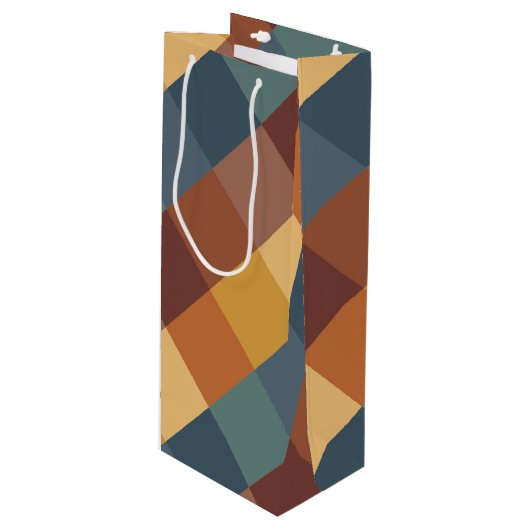 ティール（緑がかった色）ブラウンオレンジクリームチェック ワインギフトバッグ (正面アングル)