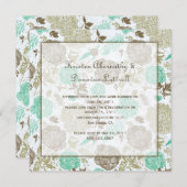 ティール(緑がかった色)ブラウンタンオリーブフローラ抽象芸術ポスト結婚ズ 招待状 (正面/裏面)