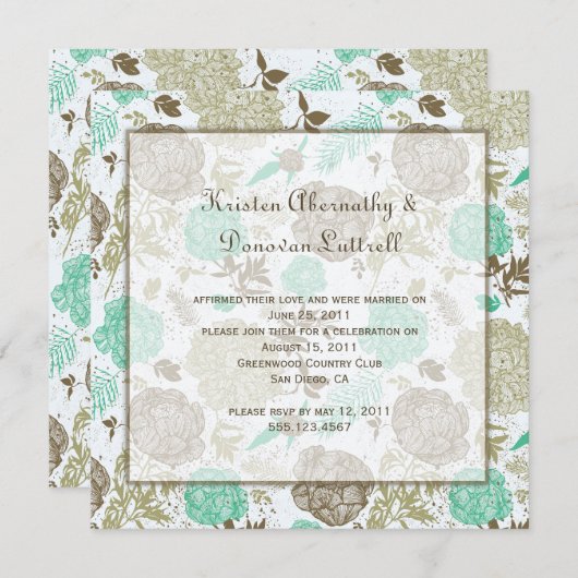 ティール（緑がかった色）ブラウンタンオリーブフローラ抽象芸術ポスト結婚ズ 招待状 (正面/裏面)
