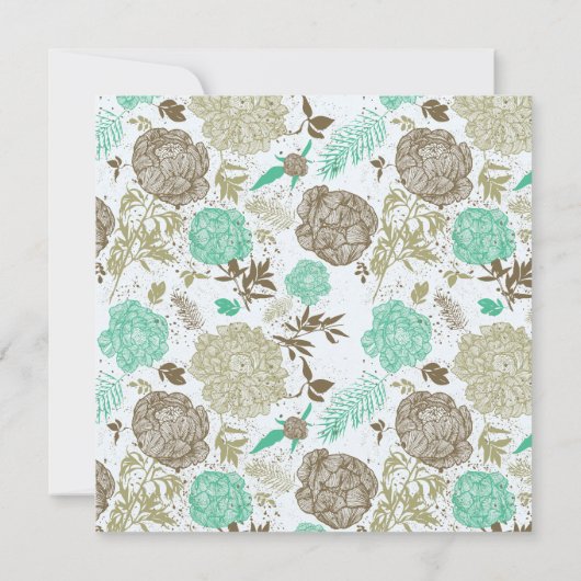 ティール（緑がかった色）ブラウンタンオリーブフローラ抽象芸術ポスト結婚ズ 招待状 (裏面)