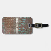ティール(緑がかった色)ブラウンデジタルレザーチタン金属モノグラム ラゲッジタグ (正面横)