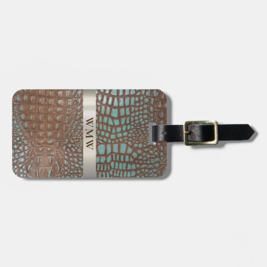 ティール(緑がかった色)ブラウンデジタルレザーチタン金属モノグラム ラゲッジタグ (正面横)