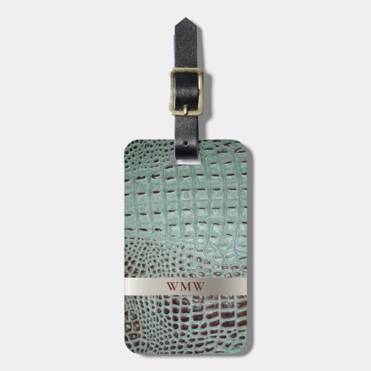 ティール（緑がかった色）ブラウンデジタルレザーチタン金属モノグラム ラゲッジタグ (正面縦)