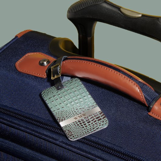 ティール(緑がかった色)ブラウンデジタルレザーチタン金属モノグラム ラゲッジタグ