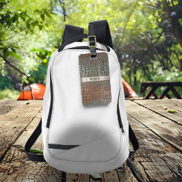 ティール（緑がかった色）ブラウンデジタルレザーチタン金属モノグラム ラゲッジタグ