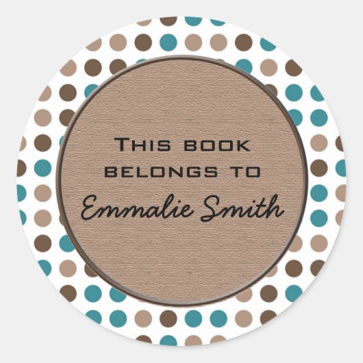 ティール（緑がかった色）ブラウン水玉模様ブック名ステッカー ラウンドシール (正面)