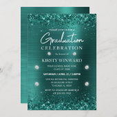 ティール(緑がかった色)ブラシ仕上げメタルおよびグリッター卒業 招待状 (正面/裏面)