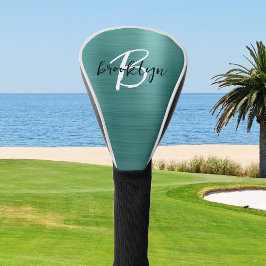 ティール（緑がかった色）ブラシ仕上げ金属白黒スクリプトモノグラム ゴルフヘッドカバー