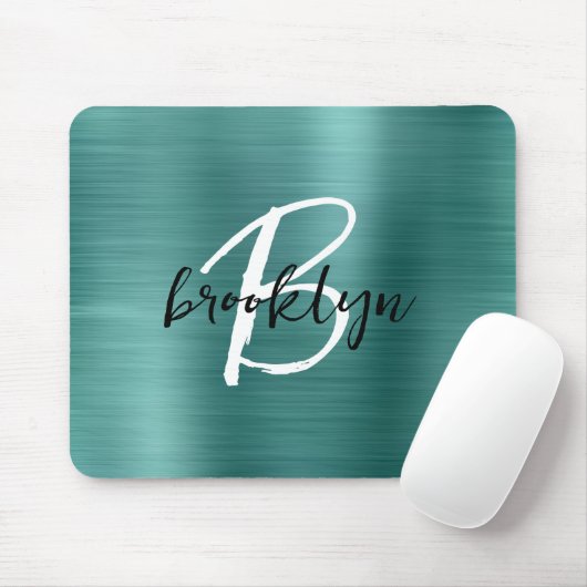 ティール(緑がかった色)ブラシ仕上げ金属白黒スクリプトモノグラム マウスパッド (マウス)