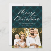 ティール（緑がかった色）ブラシ付きプレイドメリークリスマス3写真 シーズンカード (正面)