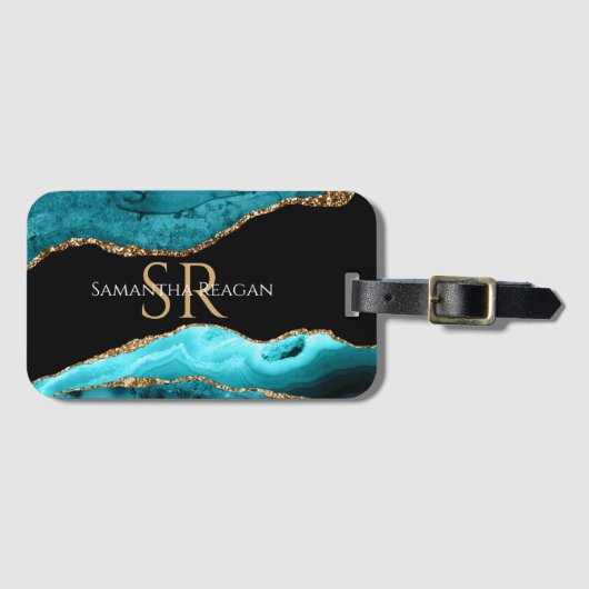 ティール（緑がかった色）ブラックと金ゴールドアゲート、DIY名&モノグラムラグ ラゲッジタグ (正面横)