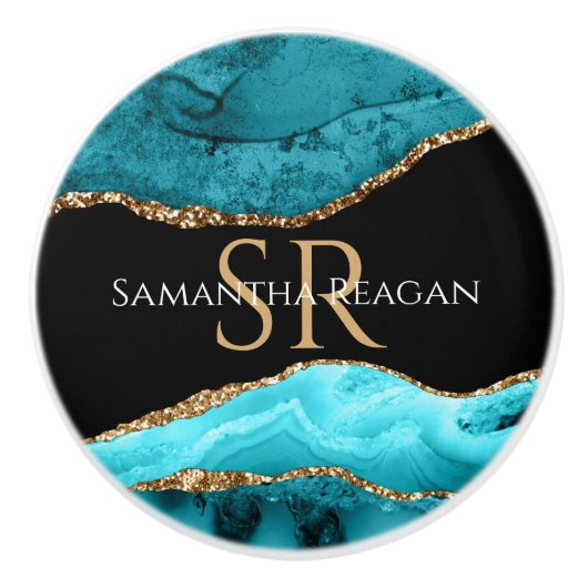 ティール（緑がかった色）、ブラックと金ゴールドアゲート、DIY名&モノグラム セラミックノブ (正面)