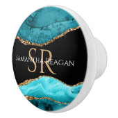 ティール（緑がかった色）、ブラックと金ゴールドアゲート、DIY名&モノグラム セラミックノブ (右)